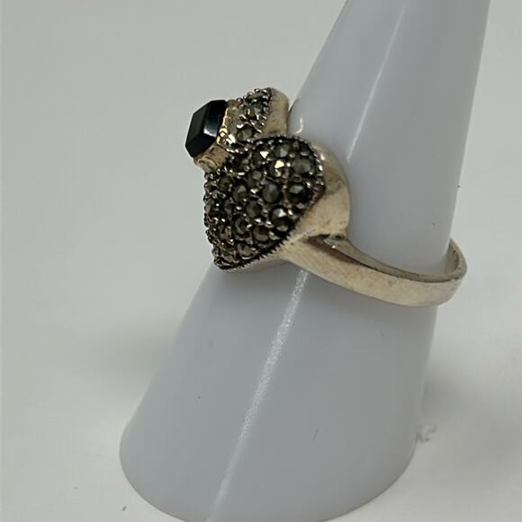 Vintage Rare 925 Women's Pave Heart Ring with Black Stone Size 7 - Picture 2 of 9